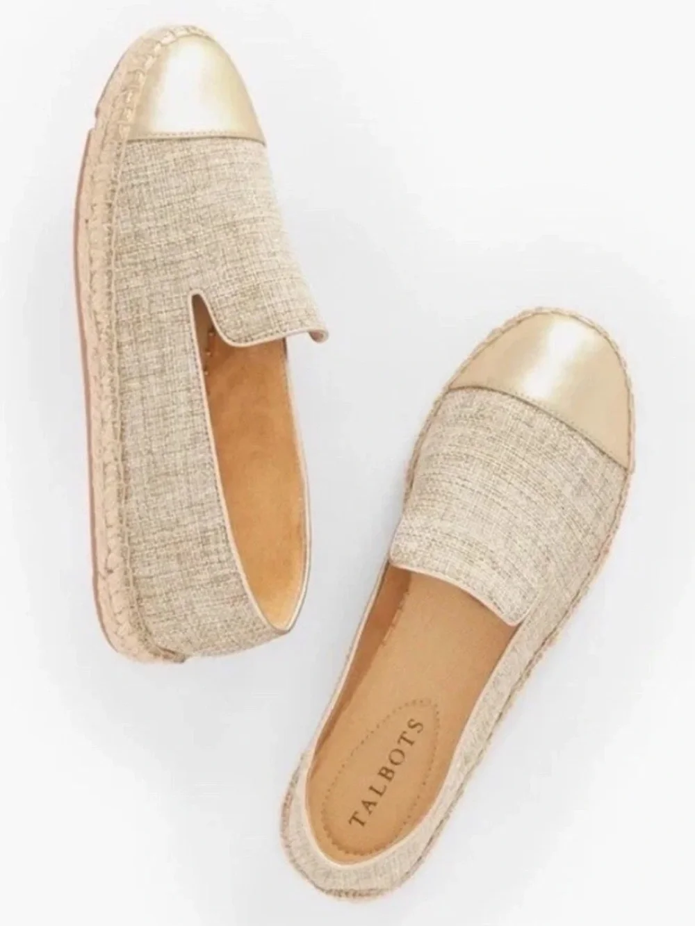 Talbots Size 8 New Izzy Tan Gold Espadrilles Linen Metallic Slip On Flat Shoes